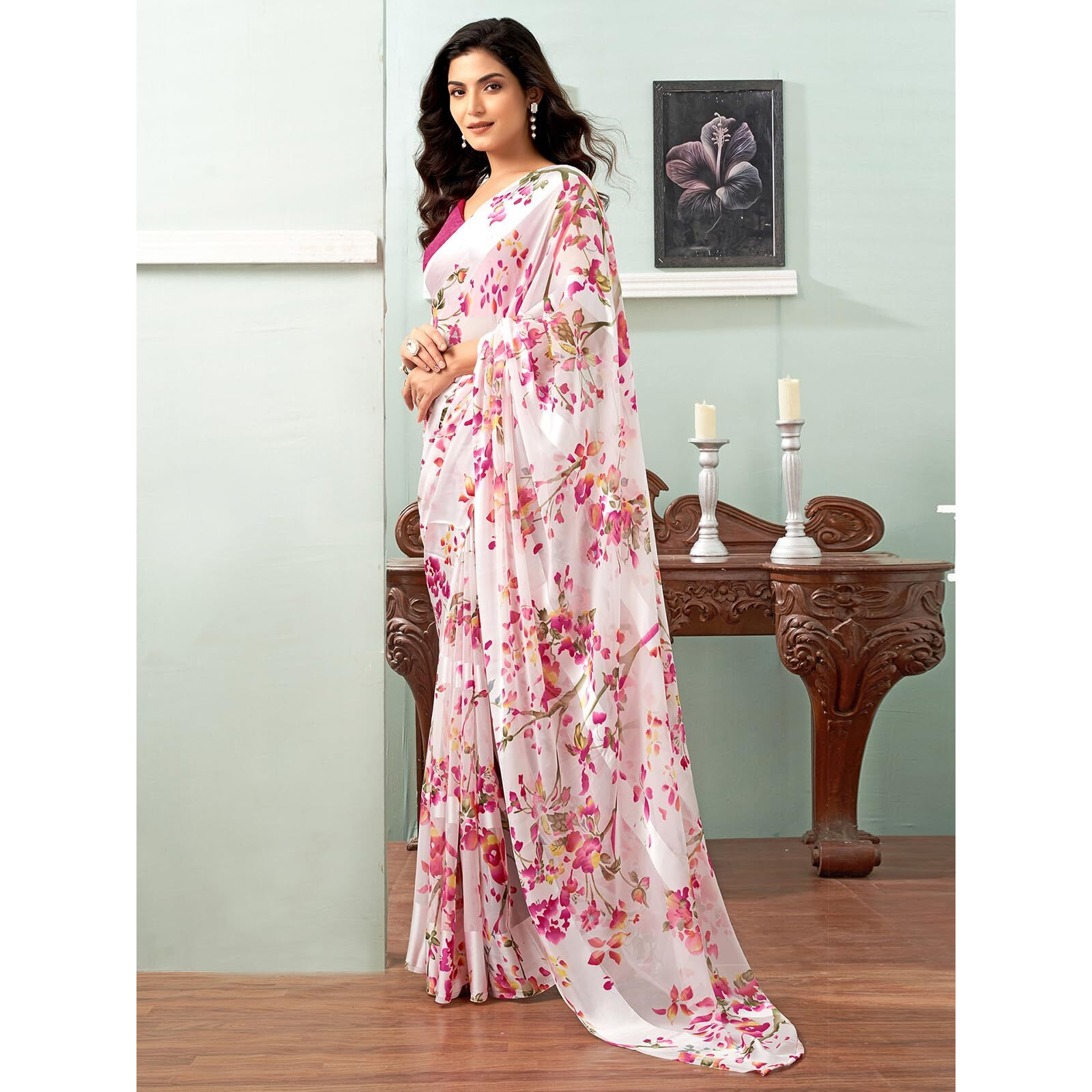 Satrani Women's Georgette Floral Printed Satin Stripe Saree With Unstitched Blouse Piece (3881S125N_White & Pink)