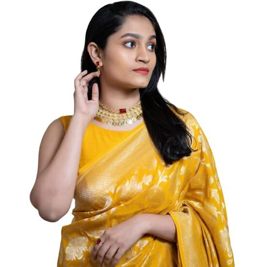 Flosive Women's Present Banarasi Soft Lichi Silk Saree Beautiful Jacquard Rich Pallu Design Work Zari Woven Kanjivaram Silk Style Saree With Soft Lichi Silk Blouse Piece (Yellow) Sarees.
