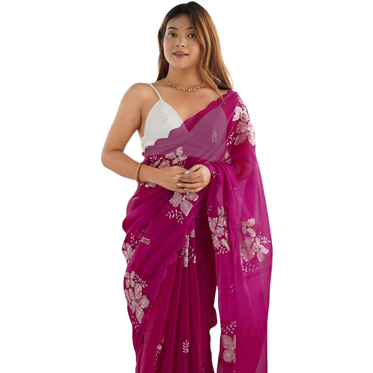 Satrani Women's Sequins Embroidery Chiffon Saree (3997S127N_Dark Pink)