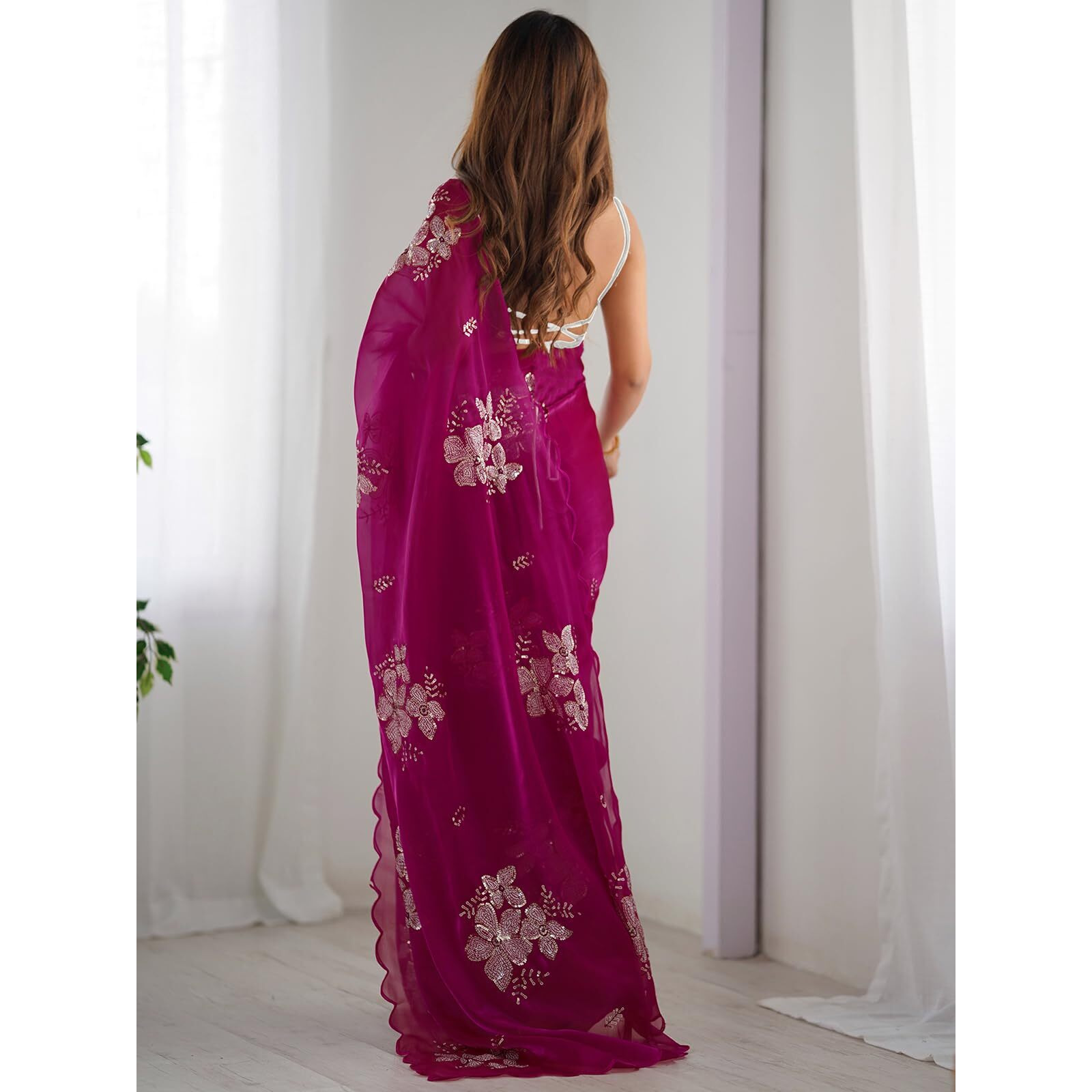 Satrani Women's Sequins Embroidery Chiffon Saree (3997S127N_Dark Pink)