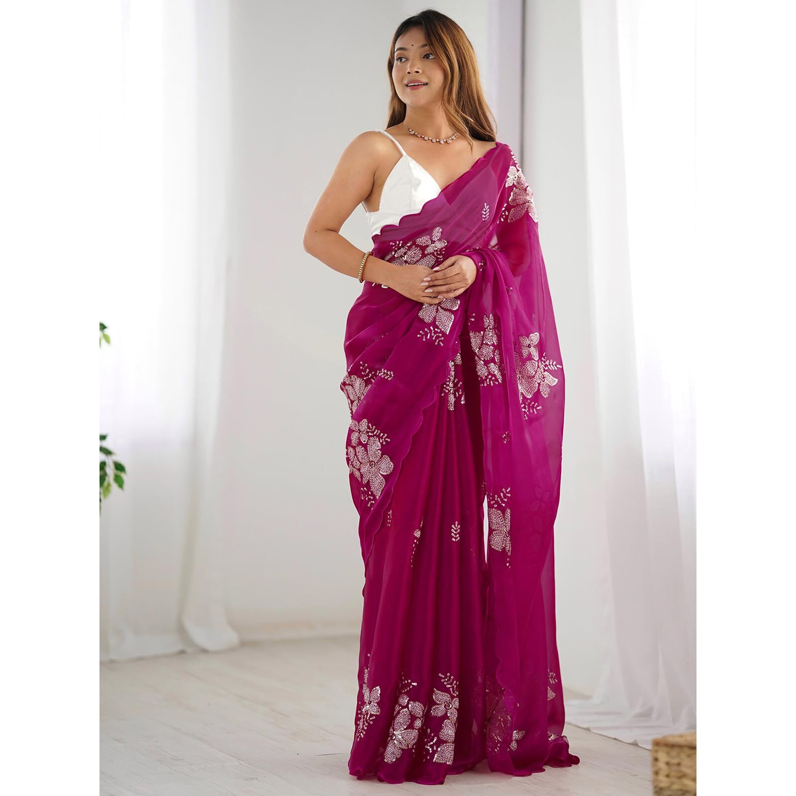 Satrani Women's Sequins Embroidery Chiffon Saree (3997S127N_Dark Pink)
