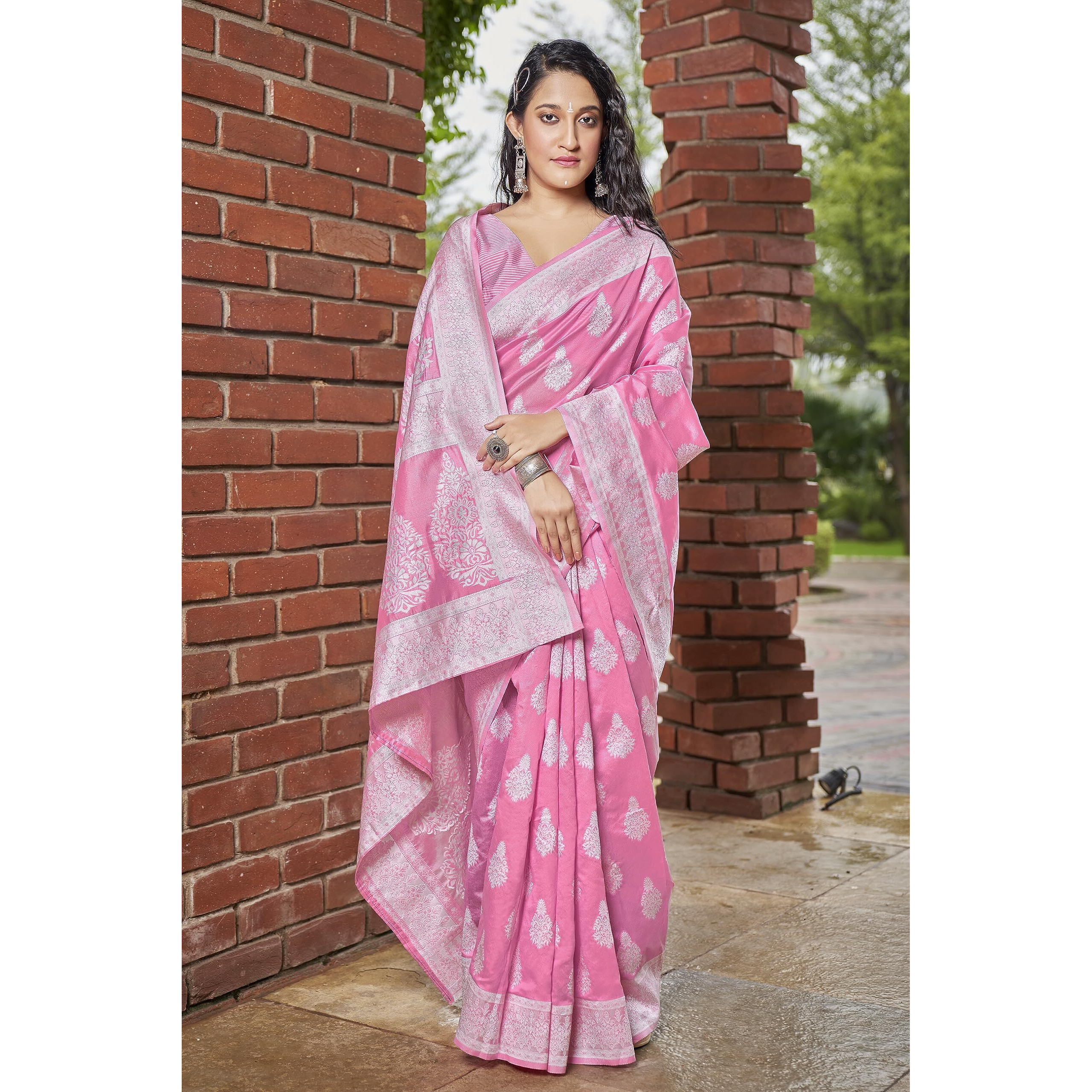 Glory Sarees Womens Banarasi Silk Saree With Blouse Piece (Kalamkari109_Pink)