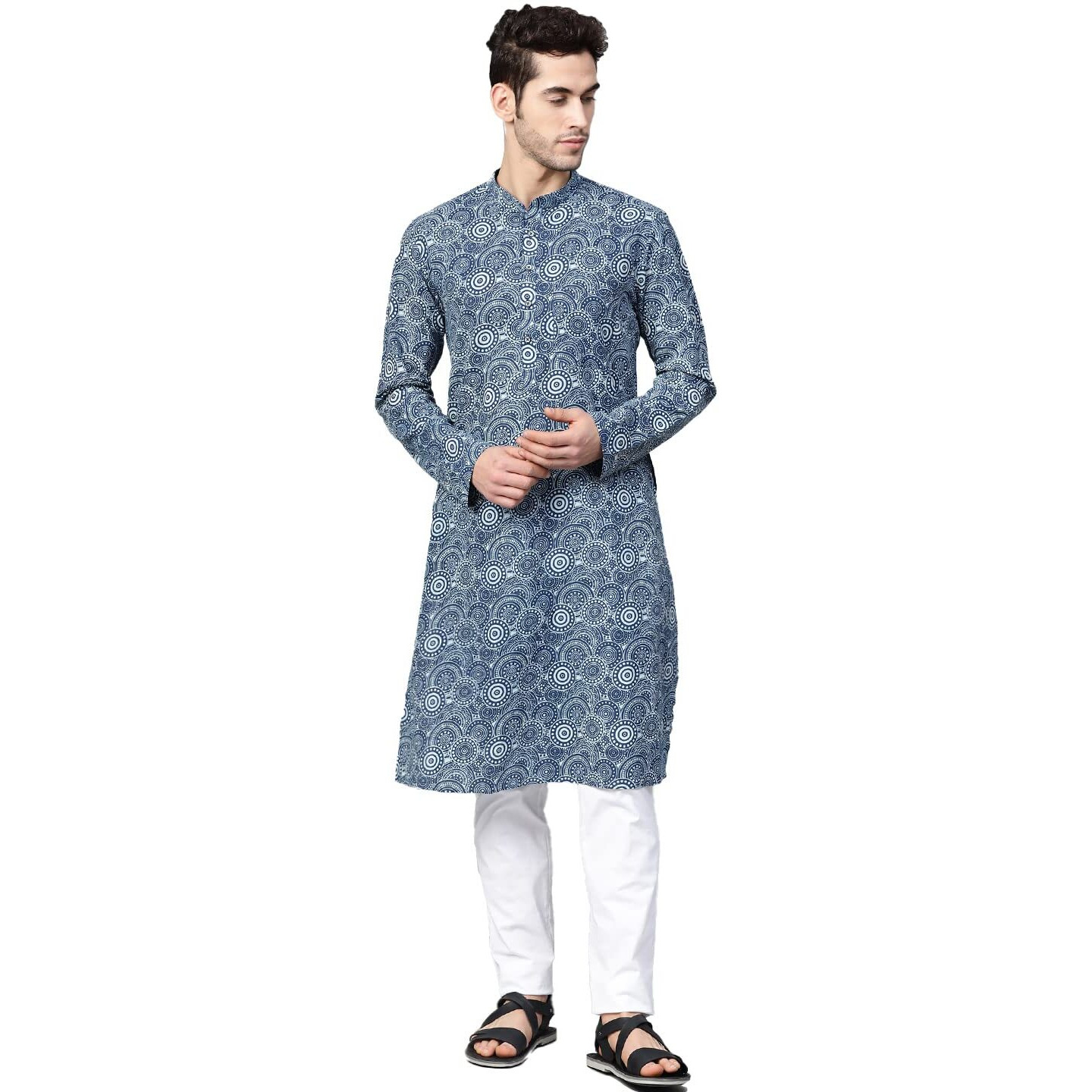 See Designs Mens Kurta | Specially Crafted And Designed For The Eid Festival Blue & White Cotton Printed Kurta Set | Sdkt88601M