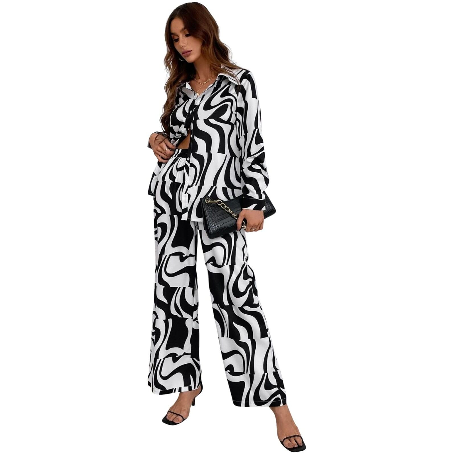 Greciilooks Women Co Ord Set| Printed Shirt & Bottom Set For Women| Straight Printed Pant| Women Two-Piece Outfits| Summer Wear| Outdoor Wear (Medium, Black)