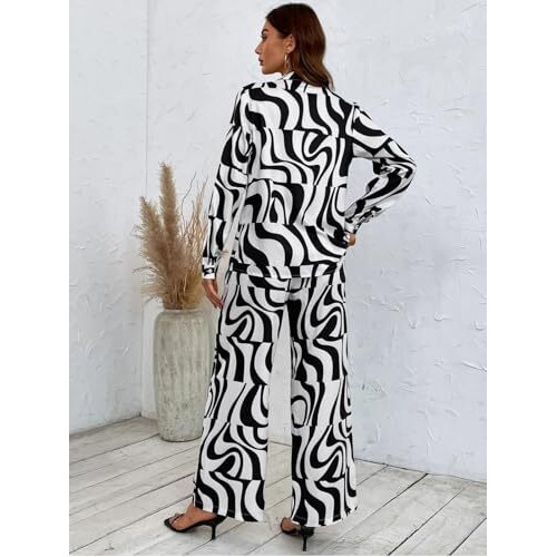 Greciilooks Women Co Ord Set| Printed Shirt & Bottom Set For Women| Straight Printed Pant| Women Two-Piece Outfits| Summer Wear| Outdoor Wear (Medium, Black)