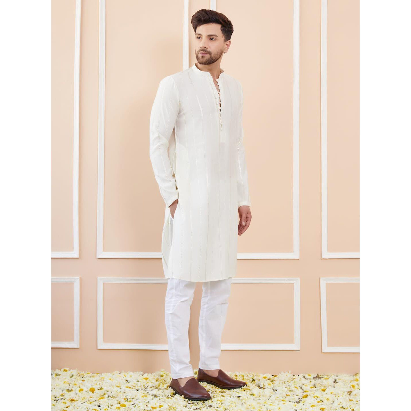See Designs Men Full Sleeve Side Slit Off White And Gold Chanderi Silk Sequins Mandarin Collar Kurta - Sd2Kt_2437M