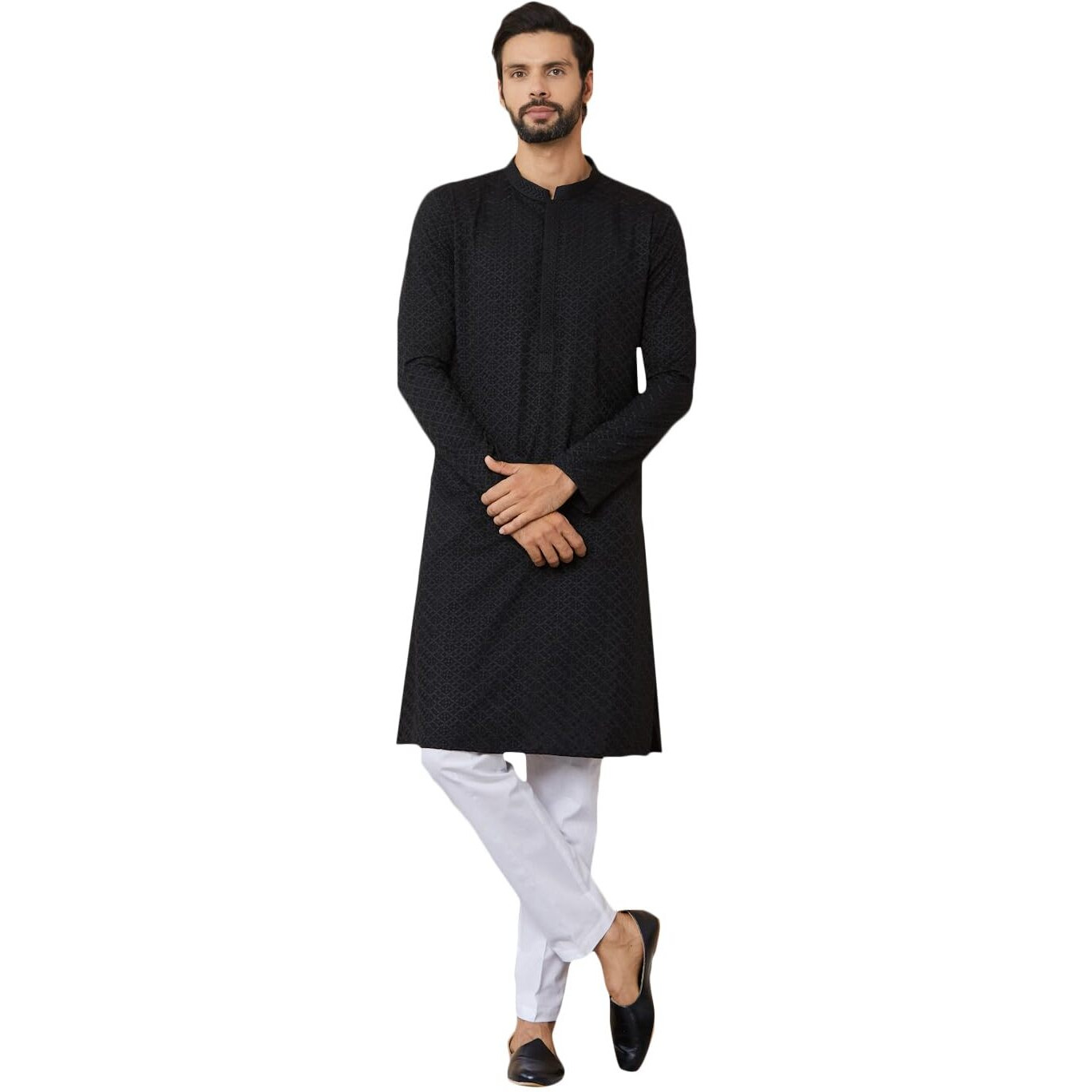 See Designs Men's Long Sleeve Mandarin Collar Side Slit Black Embroidered Chikankari Rayon Straight Kurta - Sdkt2565S