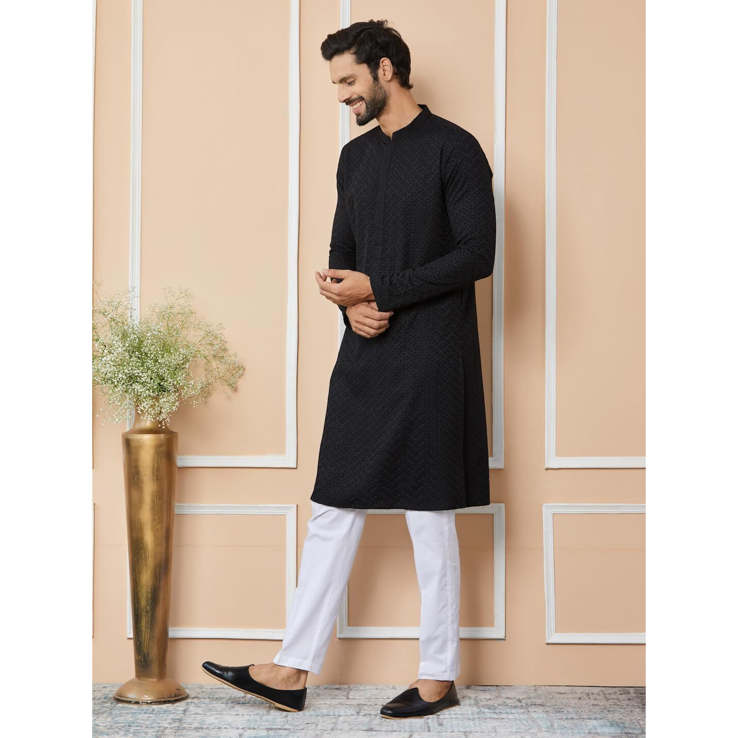 See Designs Men's Long Sleeve Mandarin Collar Side Slit Black Embroidered Chikankari Rayon Straight Kurta - Sdkt2565S