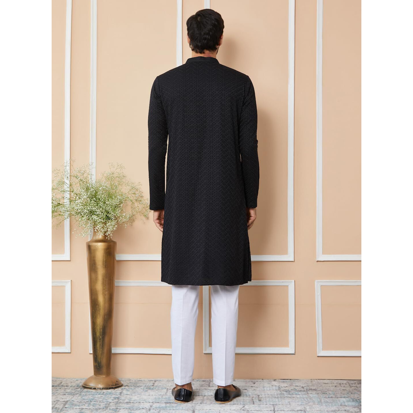 See Designs Men's Long Sleeve Mandarin Collar Side Slit Black Embroidered Chikankari Rayon Straight Kurta - Sdkt2565S