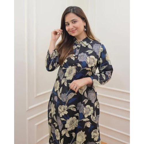 Greciilooks Women's Rayon Floral Regular Fit Kurta Set (Gl-W1826_Black_S)