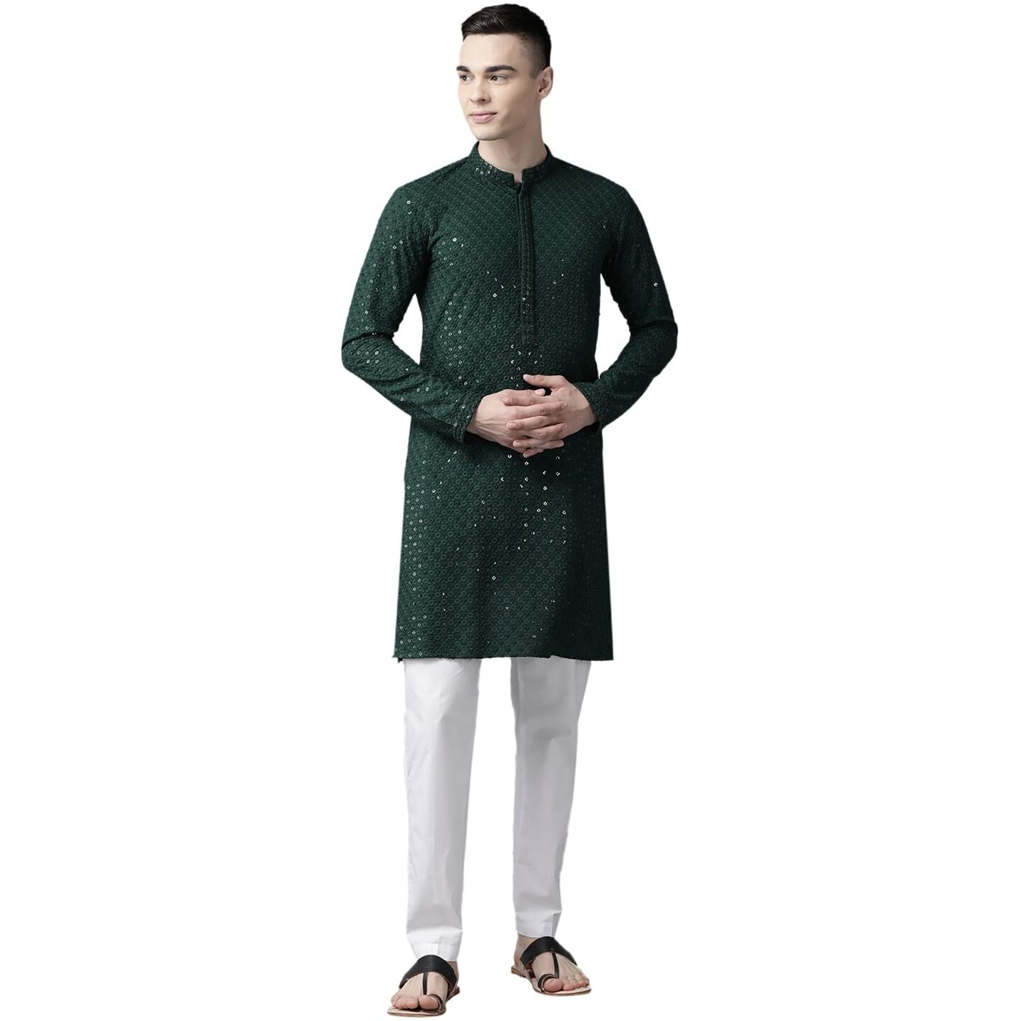 See Designs Men Mandarin Collar Green Floral Embroidered Sequined Rayon Full Sleeve Kurta With Pyjama - Sd2Ekt_129201Xxl