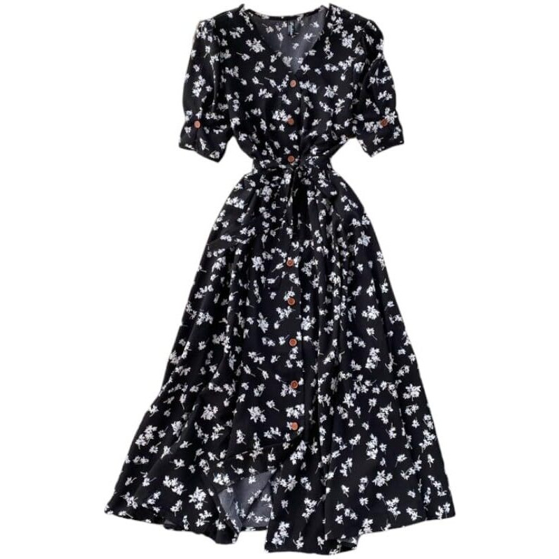 Gufrina Dresses For Women Half Sleeve || Floral Print || V-Neck And Puff Sleeves || Front Open Button & Tie-Up || Midi Dress (Black M)