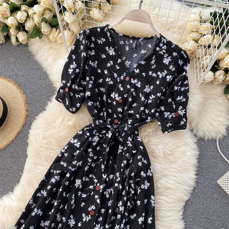 Gufrina Dresses For Women Half Sleeve || Floral Print || V-Neck And Puff Sleeves || Front Open Button & Tie-Up || Midi Dress (Black M)