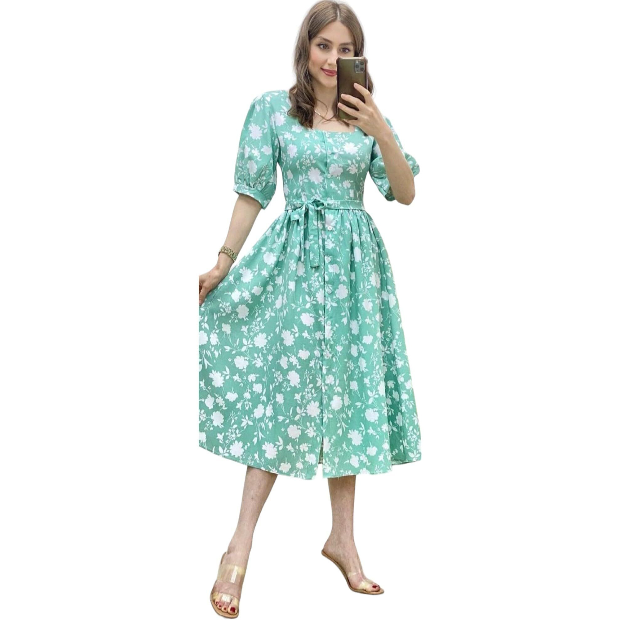 Gufrina Women's Rayon Midi Dress With Short Puff Sleeves Floral Printed Round Neck Knee Length Regular Fit And A Line Style Sea Green