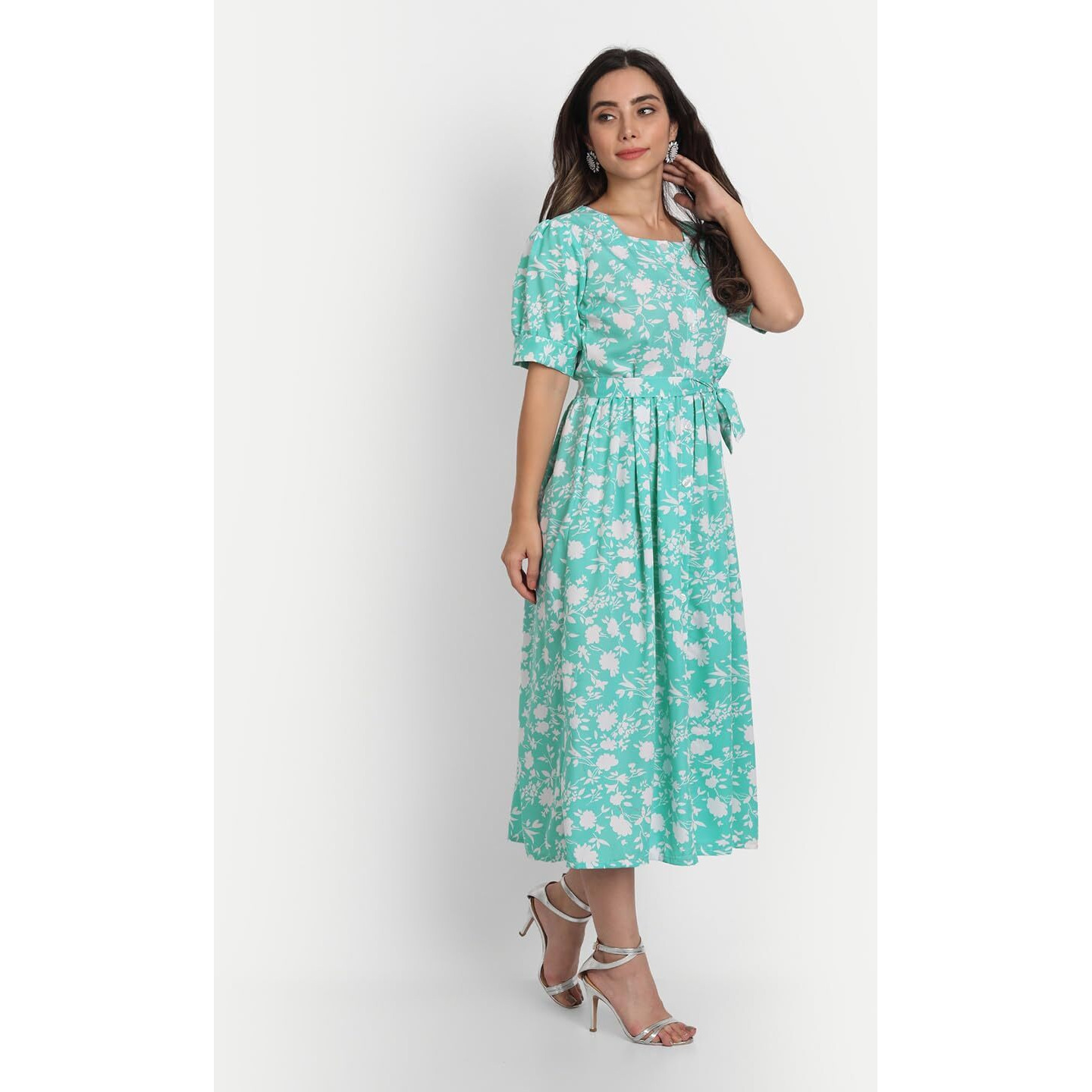 Gufrina Women's Rayon Midi Dress With Short Puff Sleeves Floral Printed Round Neck Knee Length Regular Fit And A Line Style Sea Green