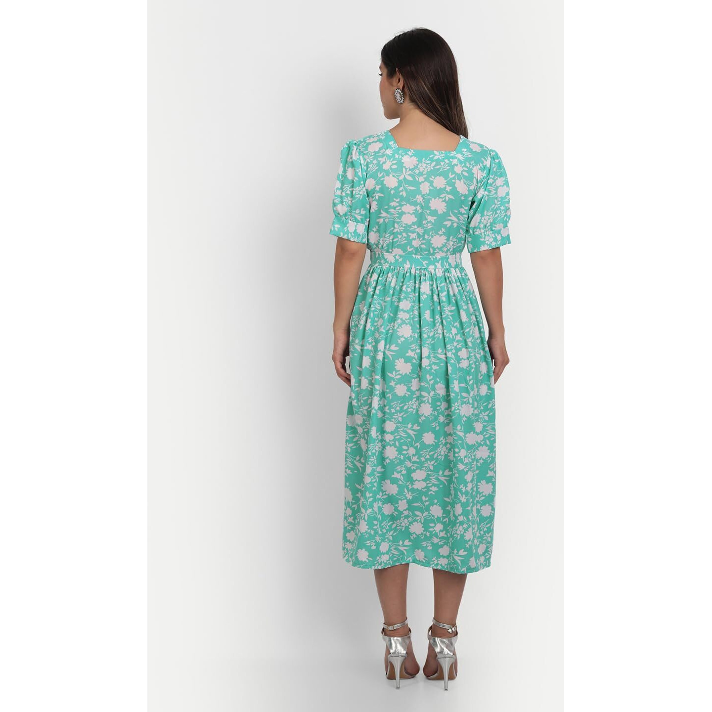 Gufrina Women's Rayon Midi Dress With Short Puff Sleeves Floral Printed Round Neck Knee Length Regular Fit And A Line Style Sea Green
