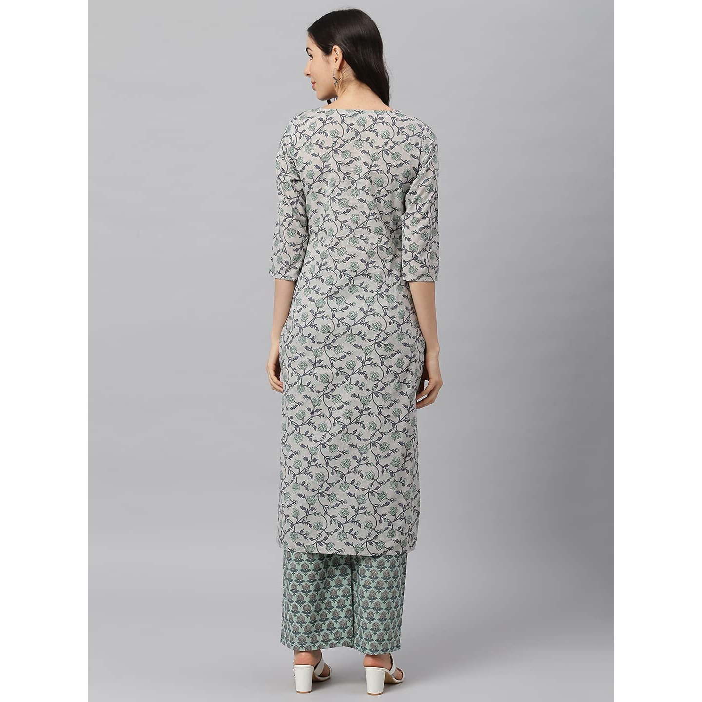 Idalia Women's Grey And Teal Green Printed Cotton Kurta Set With Palazzo Pant