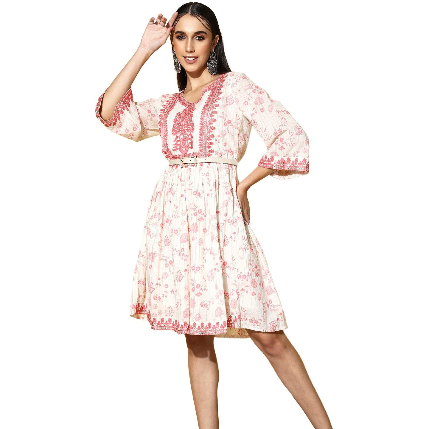 Ishin Women's Cotton Knee Length Embroidered A-Line Indo Western Dress Inwdr0433_Wh_S_White & Red