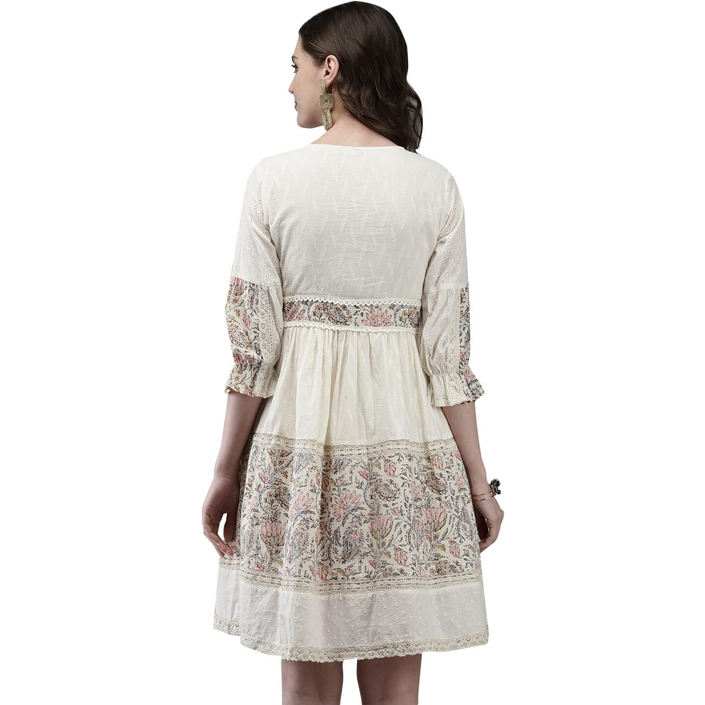 Ishin Women's Cotton Above Knee Length Embroidered A-Line Indo Western Dress Topknm-21027_Xl_Off White