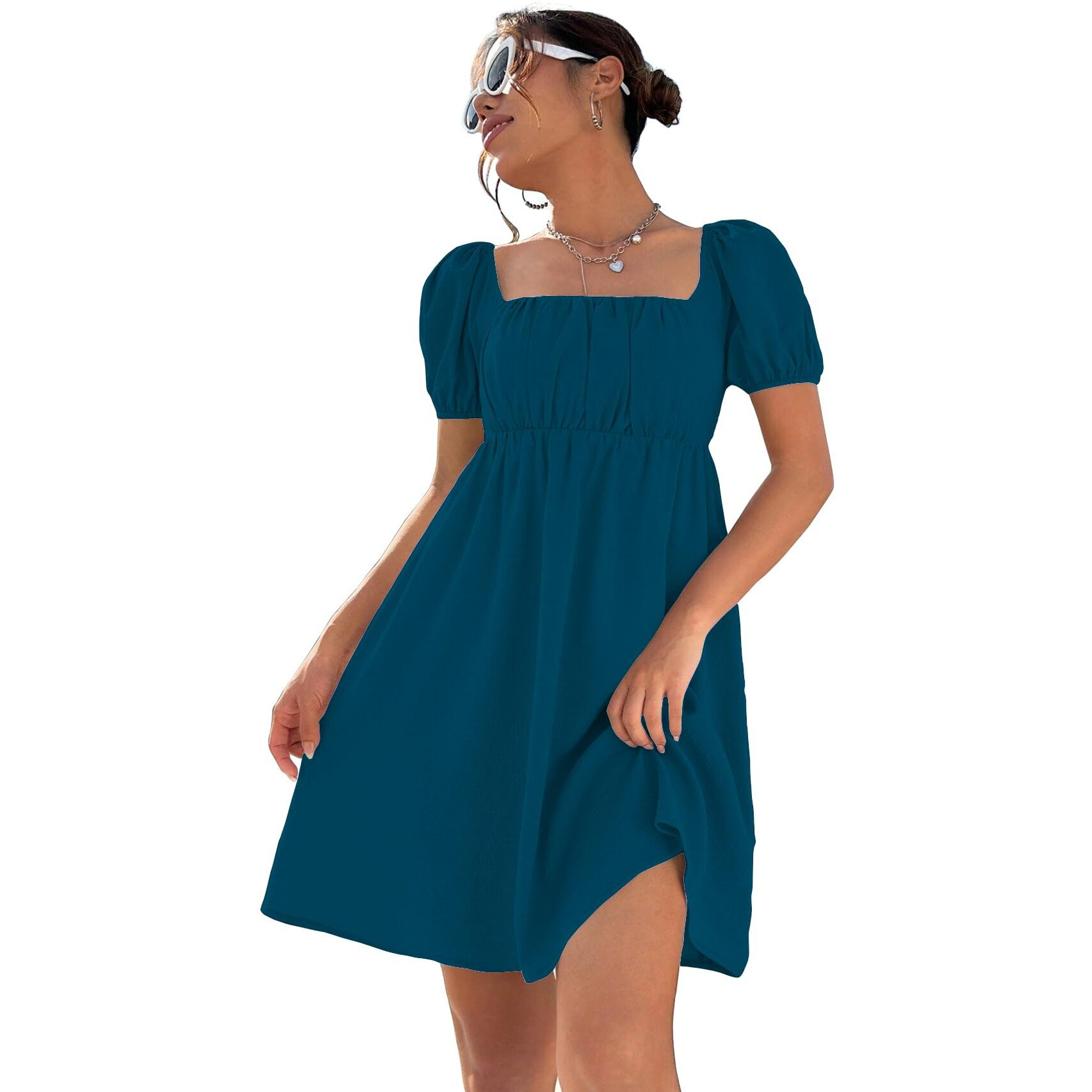 Shasmi Women's & Girl's Dress For Women L One Piece Dress For Women L Beach Dress For Women, Solid Textured Puff Sleeve Square Neck Midi Dress (Dress 115 Blue-M)