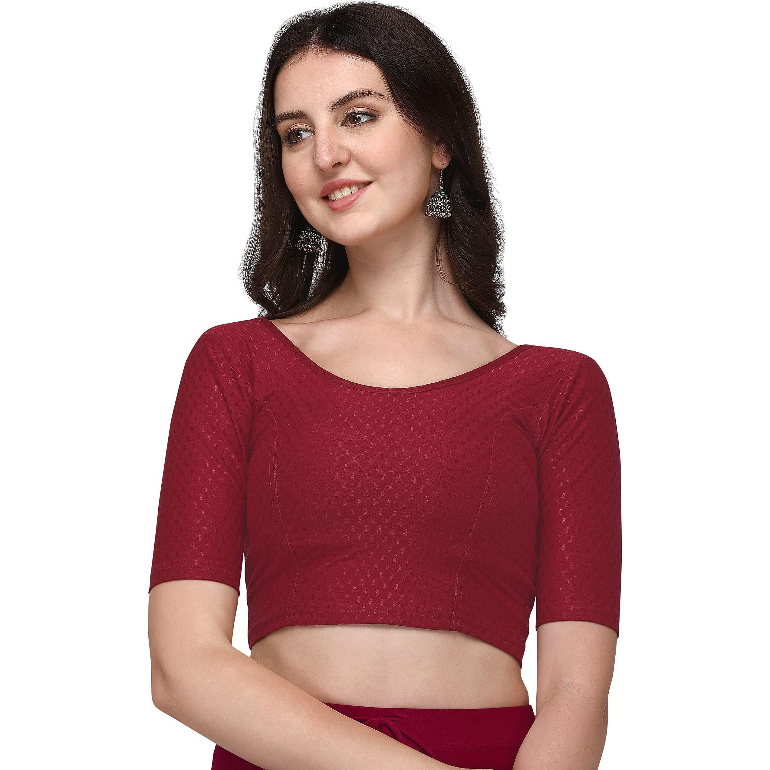 Shiv Textiles Round Neck Dobby Cotton Lycra Stretchable Elbow Sleeve Readymade Saree Blouse For Women Stylish (Maroonover Size)