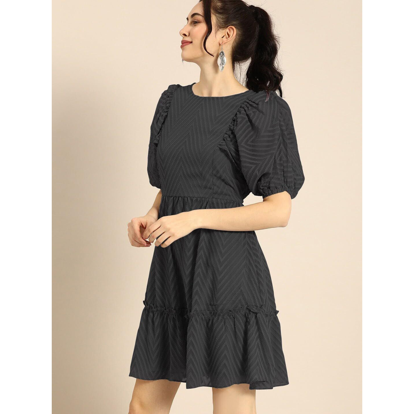 Shasmi Georgette Midi Dobby Pattern Geometric A-Line Dress (Dresses For Women 79_Black