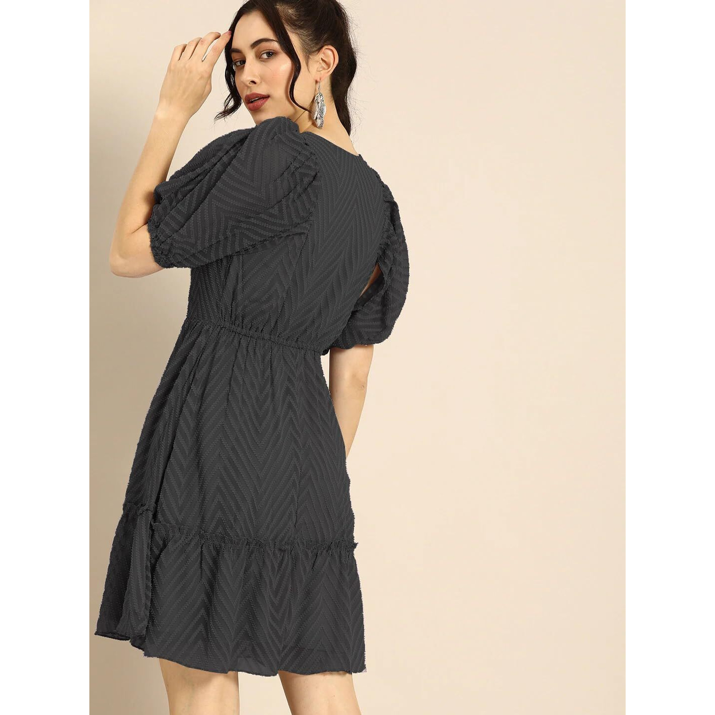 Shasmi Georgette Midi Dobby Pattern Geometric A-Line Dress (Dresses For Women 79_Black