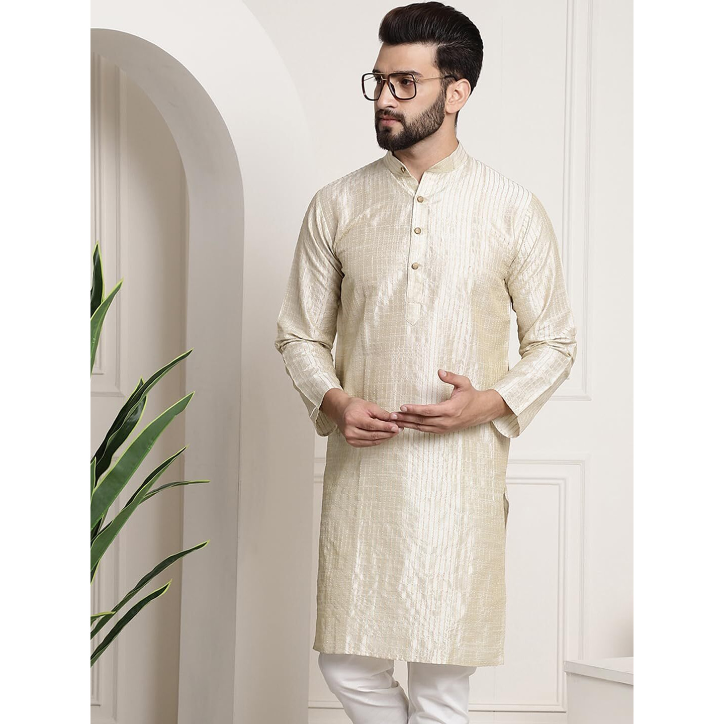 Sojanya (Since 1958 Men's Silk Blend Cream Color Striped Design Only Long Kurta