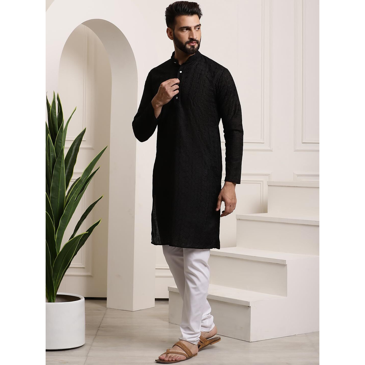 Sojanya (Since 1958 Men's Cotton Black Embroidery Kurta & White Churidar Pyjama Set