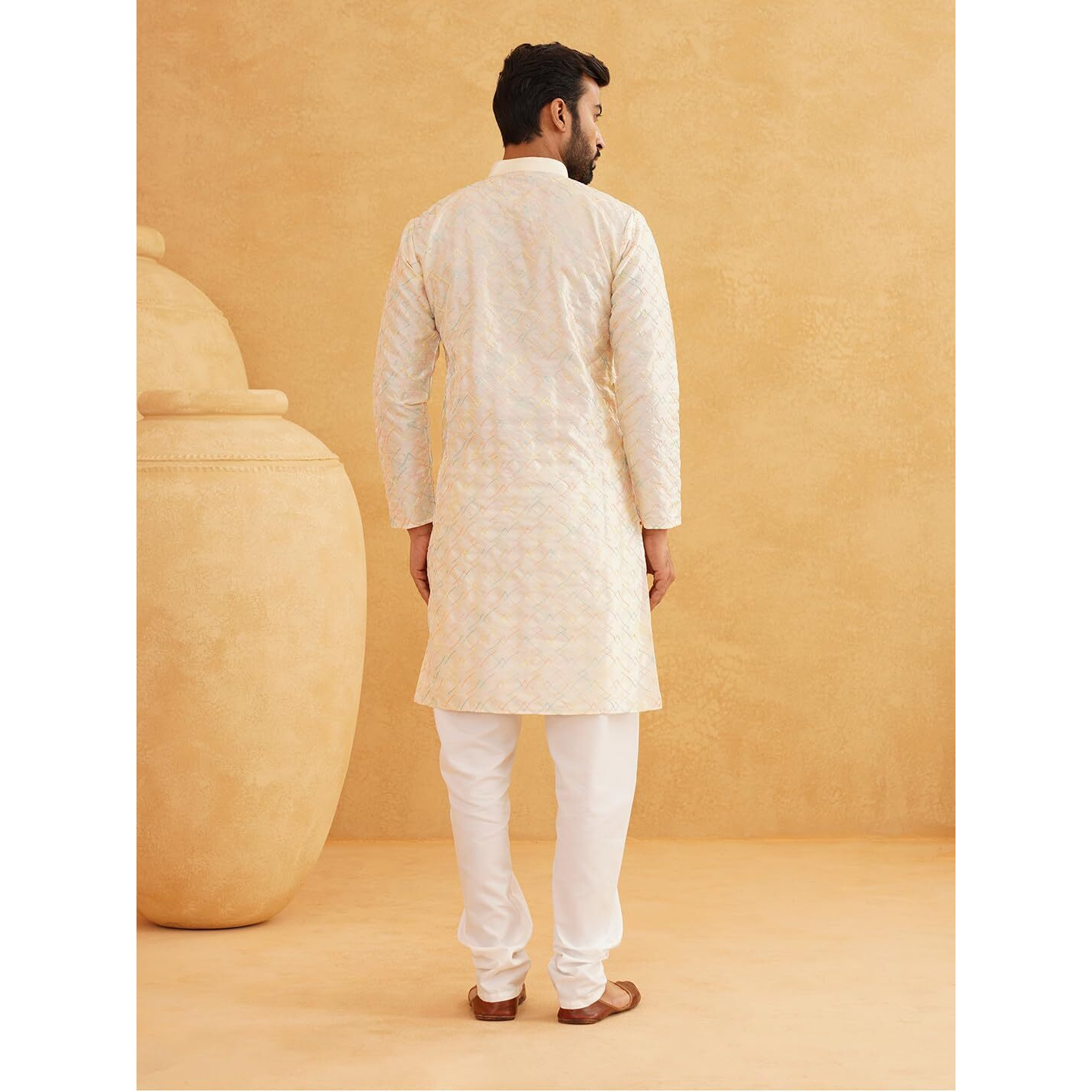 Sojanya (Since 1958 Men's Silk Blend Cream Kurta With Multi Color Embroidery