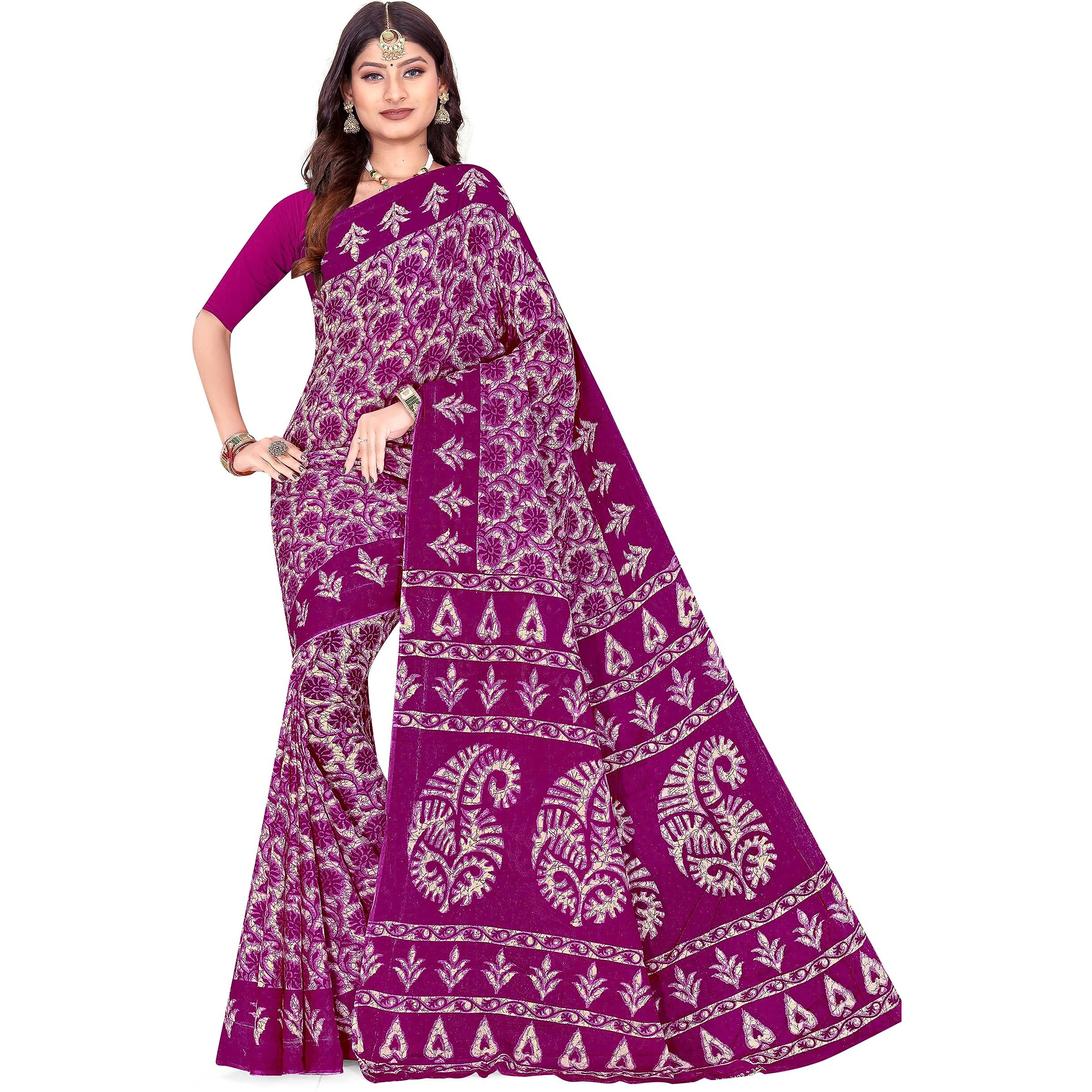 Tamaira Fashion Women's Plain Weave Pure Cotton Saree Without Blouse Piece(2430_Magenta)