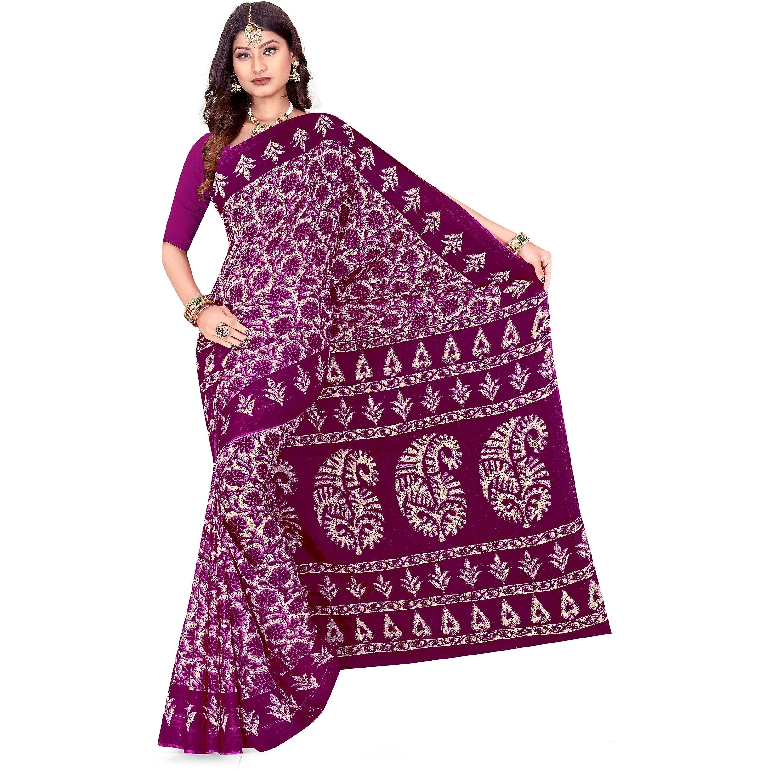 Tamaira Fashion Women's Plain Weave Pure Cotton Saree Without Blouse Piece(2430_Magenta)