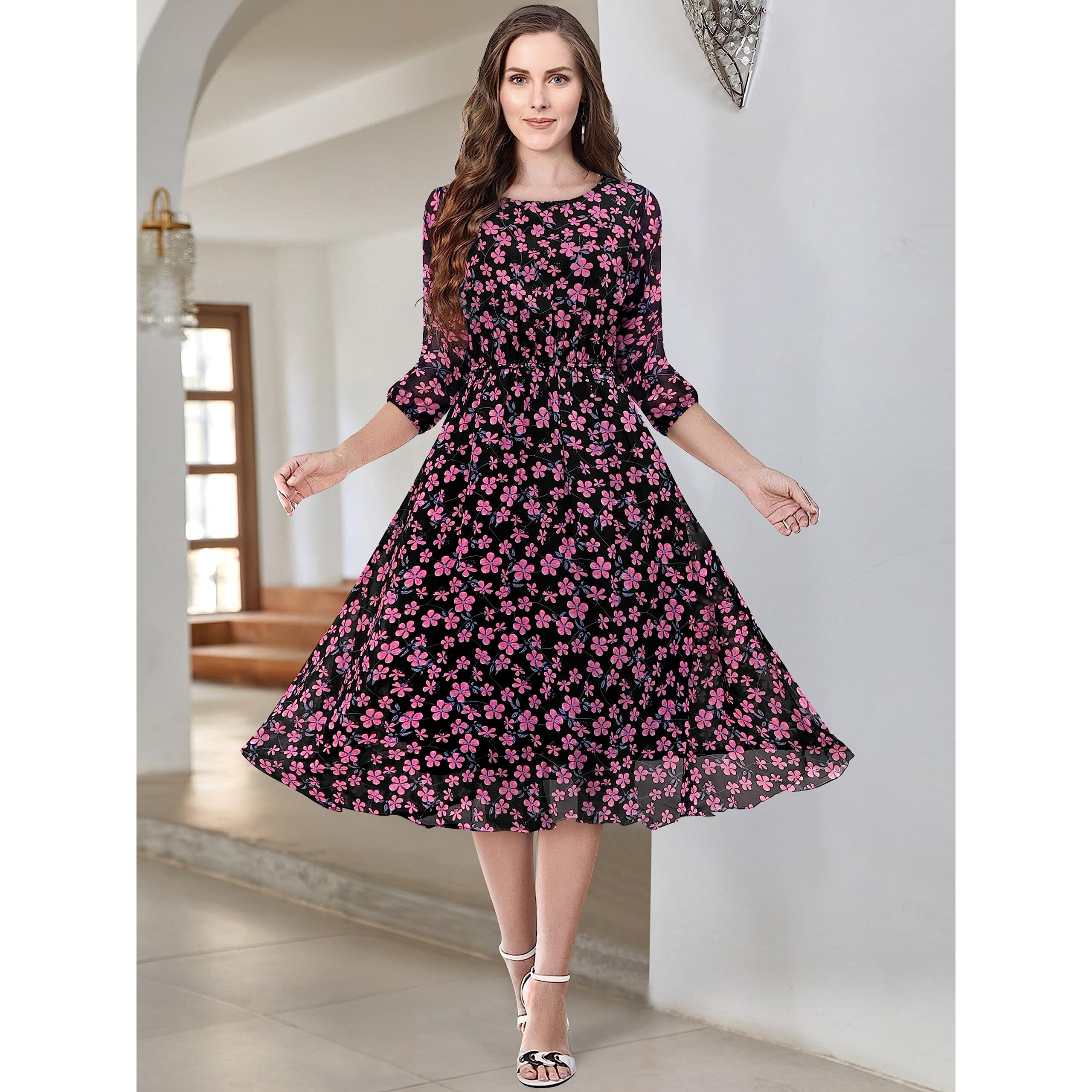 Toochki Women's Black & Pink Georgette Floral Fit & Flared Western Dress | Dress For Women | A Line Dress | Winter Dress | Western Dress | Latest Women Dress | Trendy Dress | Midi Dress