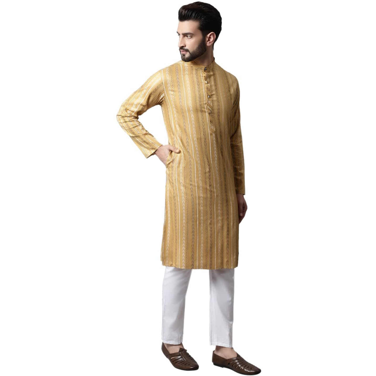 Jompers Men Foil Printed Kurta Only (Beige, Xl)