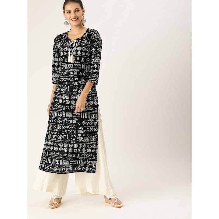 Varanga Women Black & White Printed Straight Kurta