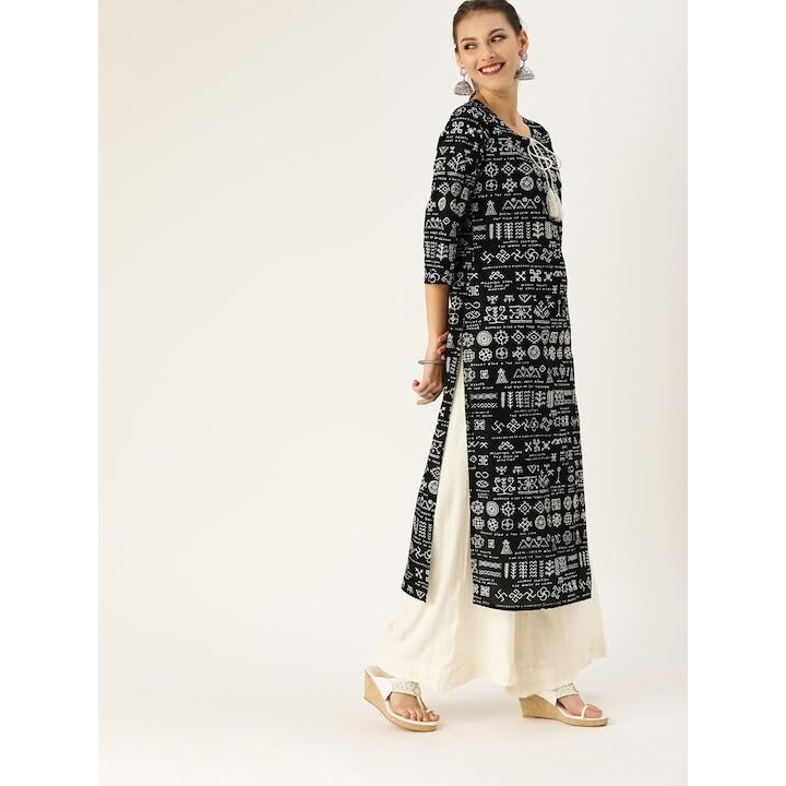 Varanga Women Black & White Printed Straight Kurta