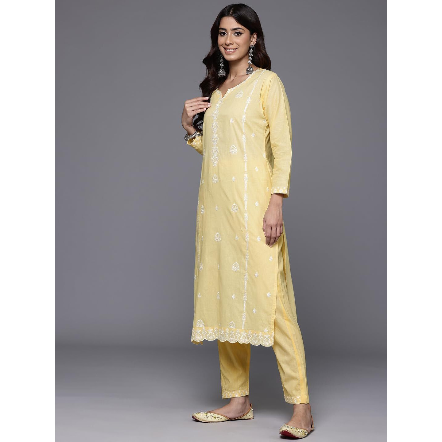 Varanga Women Yellow Round Neck Heavy Thread Embroidered Kurta With Bottom & Dupatta