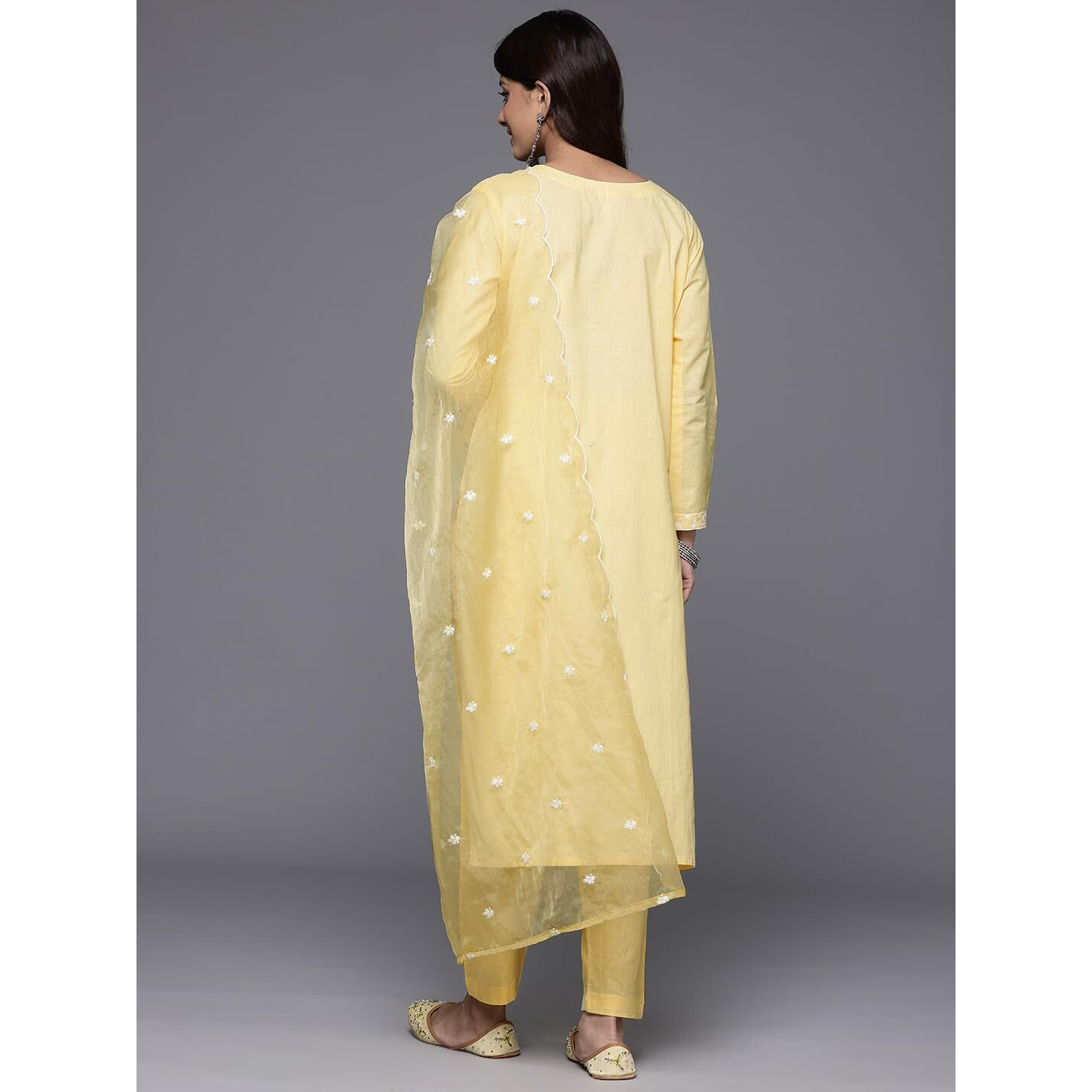 Varanga Women Yellow Round Neck Heavy Thread Embroidered Kurta With Bottom & Dupatta