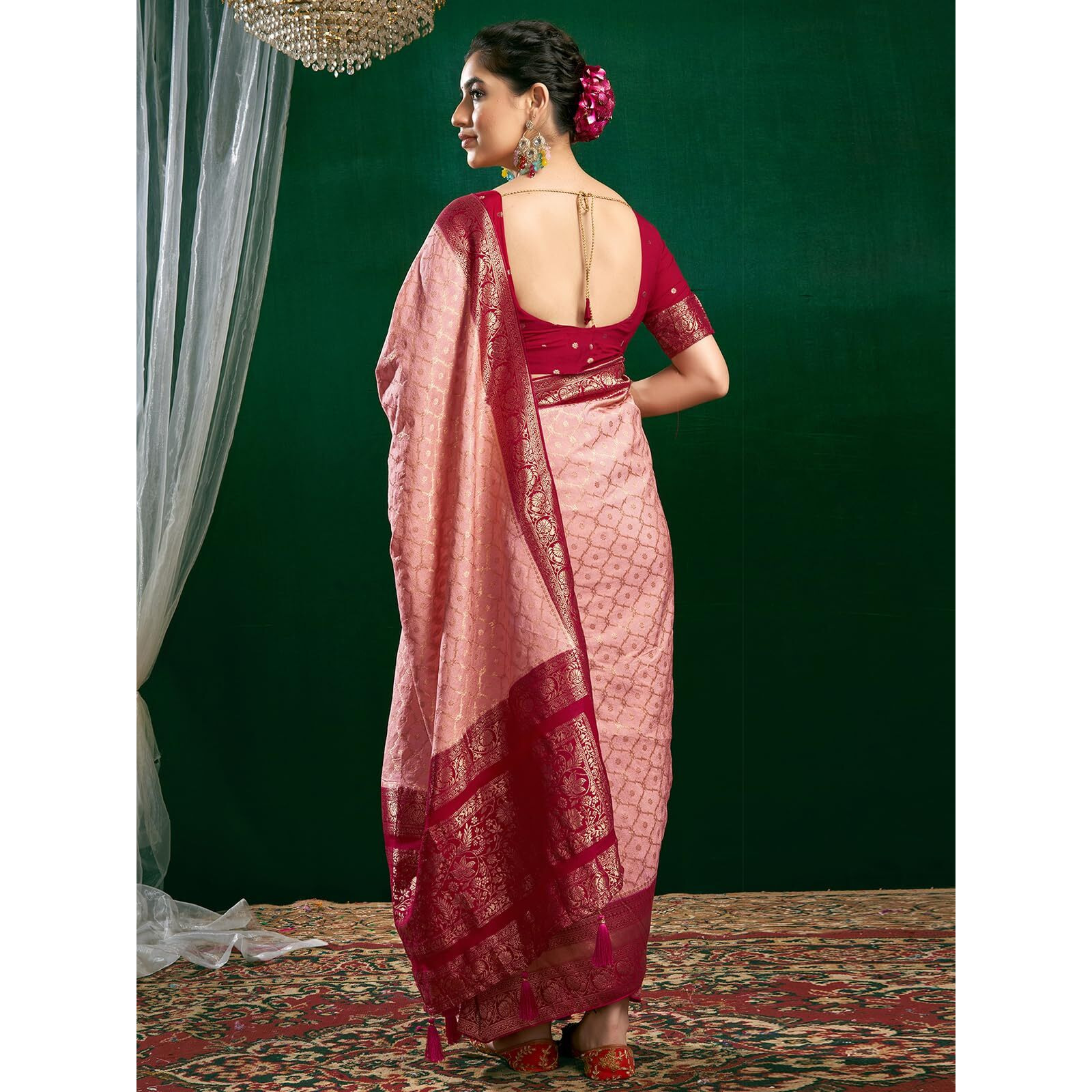 Satrani Women's Viscose Georgette Banarasi Jacquard Saree With Unstitched Blouse Piece (3811S6101N_Light Rose Pink & Dark Rani Pink)