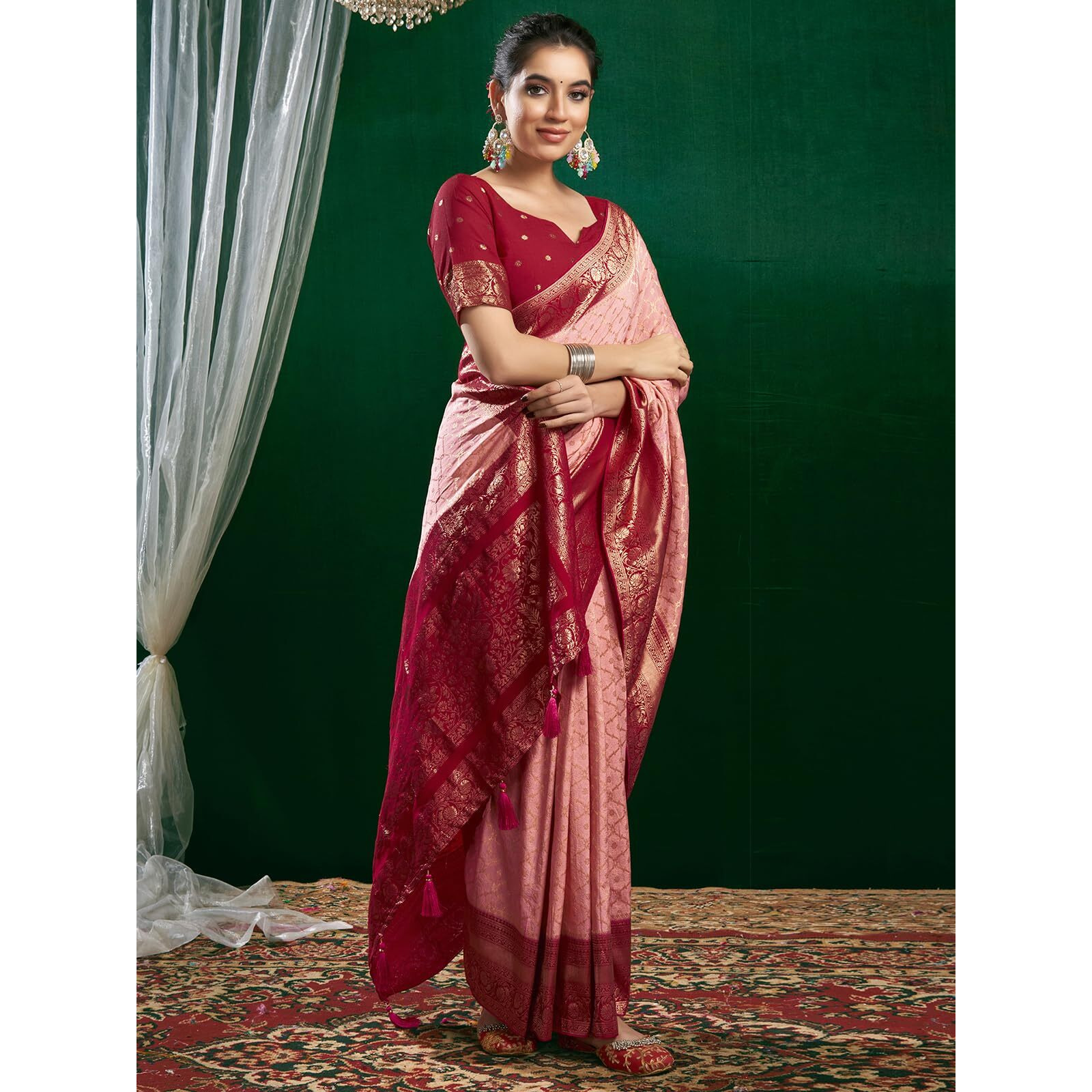 Satrani Women's Viscose Georgette Banarasi Jacquard Saree With Unstitched Blouse Piece (3811S6101N_Light Rose Pink & Dark Rani Pink)