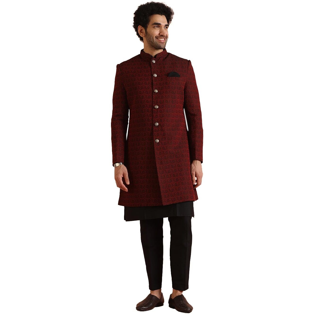 Kisah Sherwani Set For Men  Silk Blend Jacquard Indo Western Sherwani With Kurta And Trouser | Designer Ethnic Outfit For Weddings & Festivals, Maroon, 40