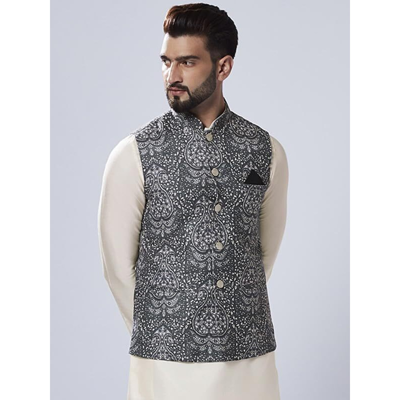 Kisah Men's Nehru Jacket, Black Cotton Blend, Printed Regular Fit Mandarin Collar Sleeveless (M)
