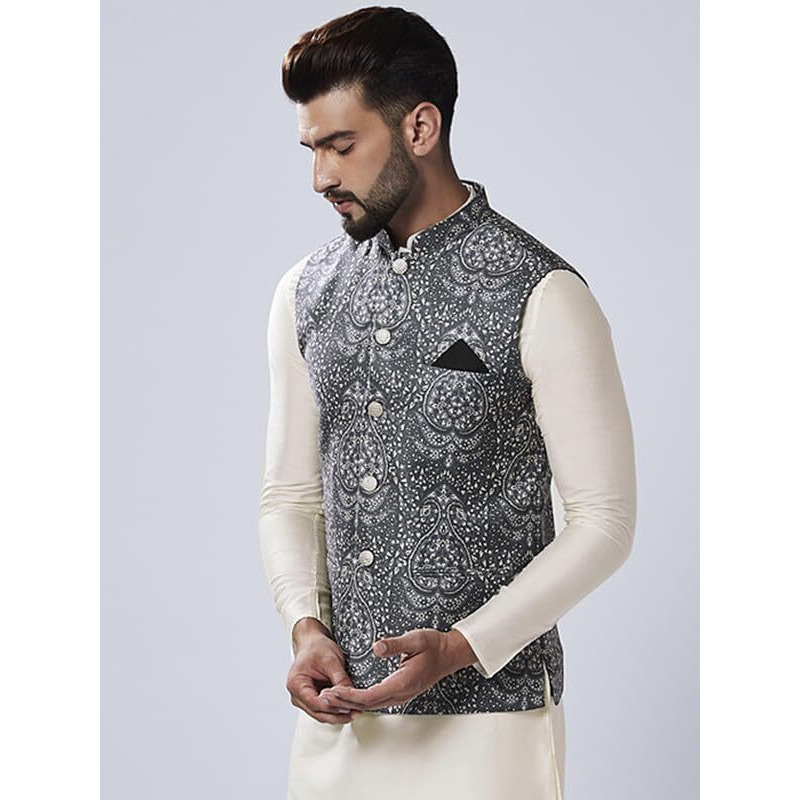Kisah Men's Nehru Jacket, Black Cotton Blend, Printed Regular Fit Mandarin Collar Sleeveless (M)