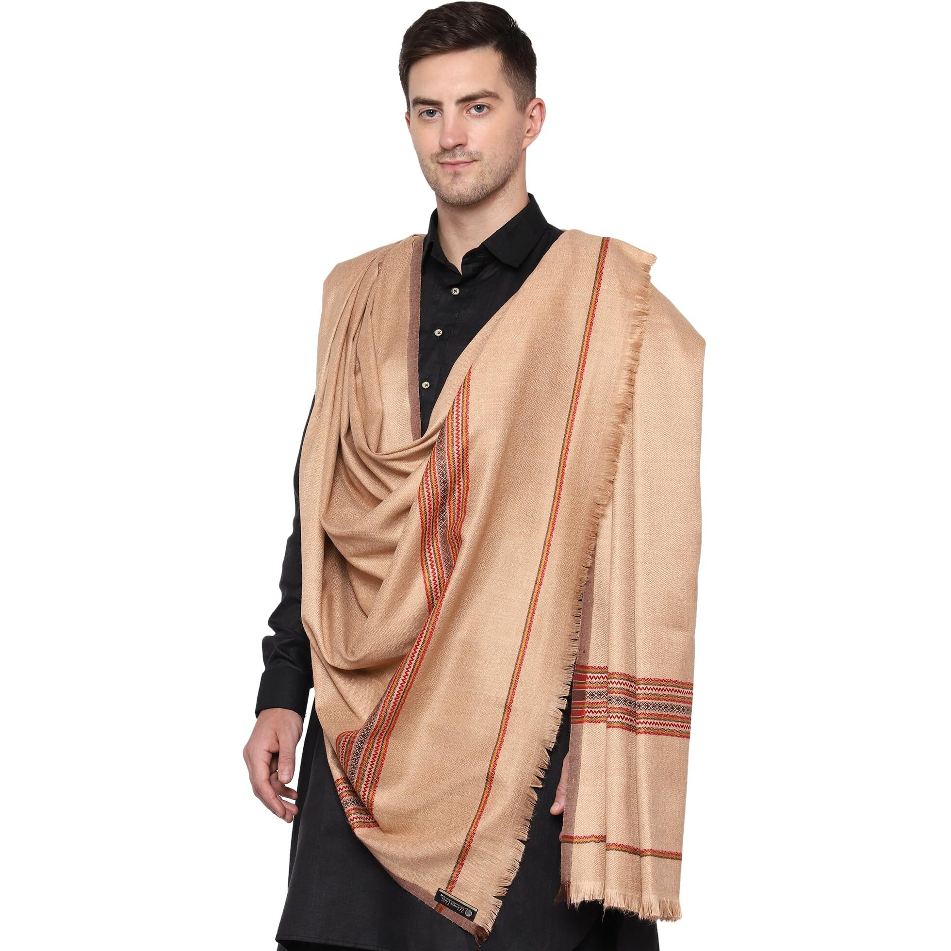 Weavers Villa Men's Poly Wool Kullu Border Lohi Shawl (Dark Beige), 112Cm X 225Cm