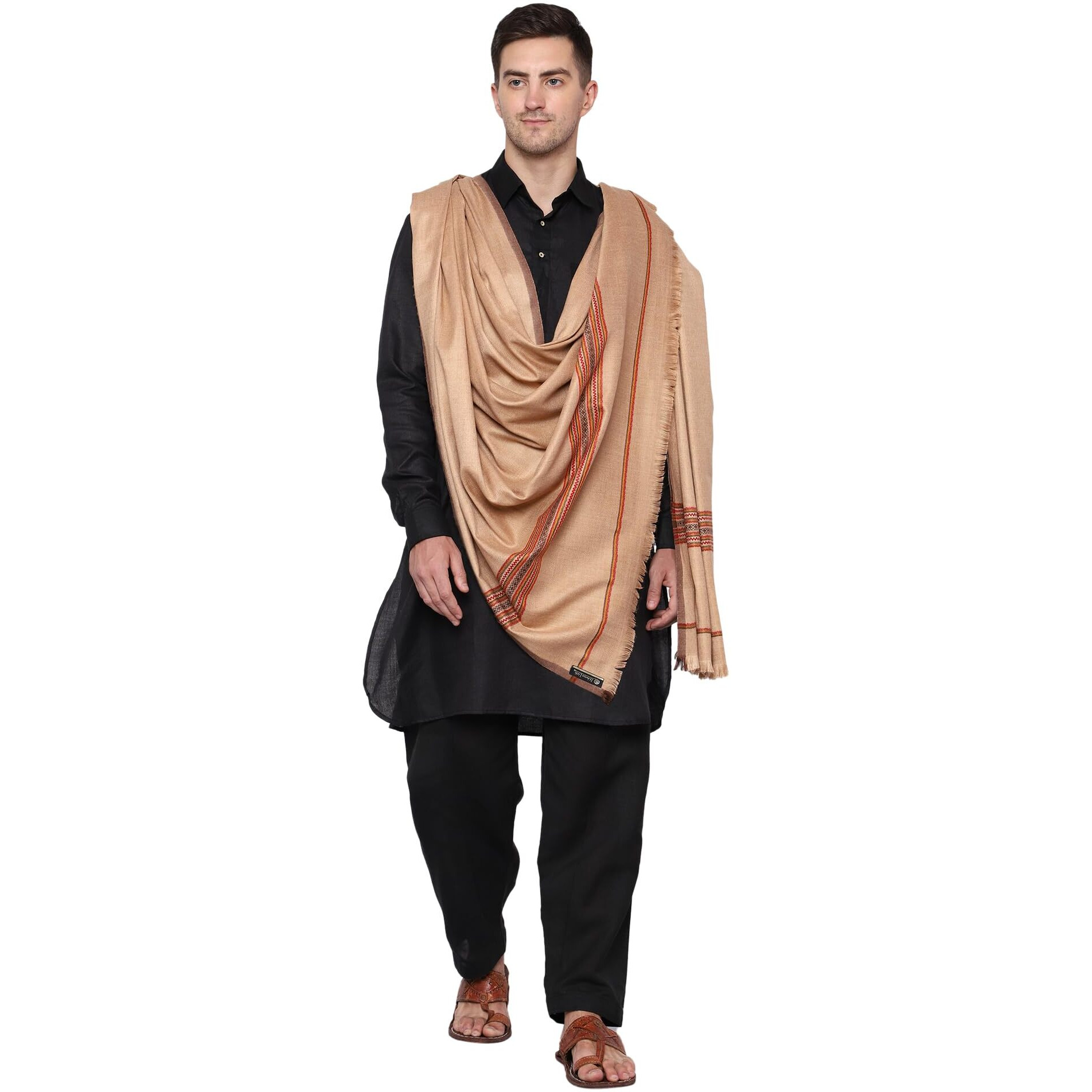 Weavers Villa Men's Poly Wool Kullu Border Lohi Shawl (Dark Beige), 112Cm X 225Cm