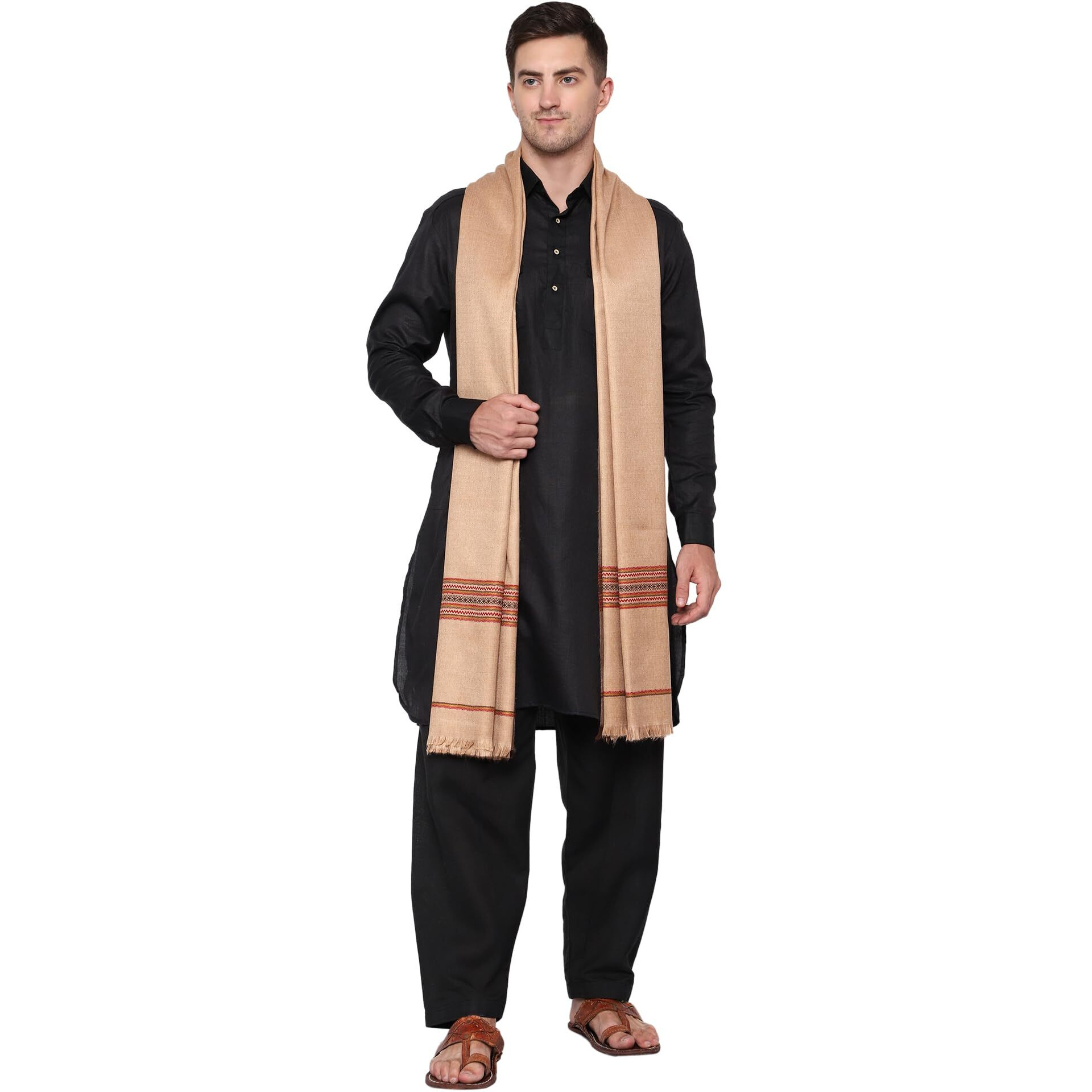 Weavers Villa Men's Poly Wool Kullu Border Lohi Shawl (Dark Beige), 112Cm X 225Cm