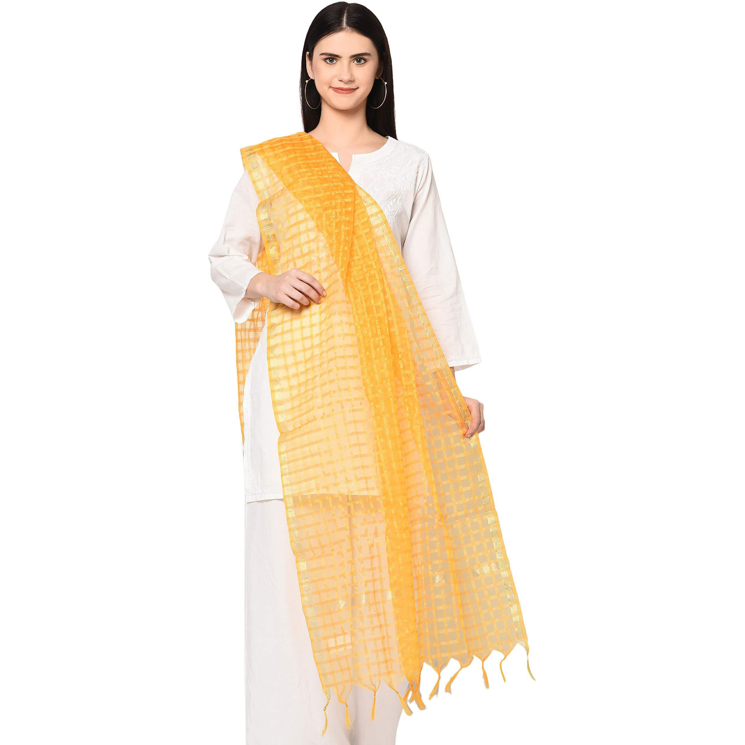 Weavers Villa Banarasi Poly Silk Checks Women's Dupatta (Yellow Checks, 2.25 Meters)