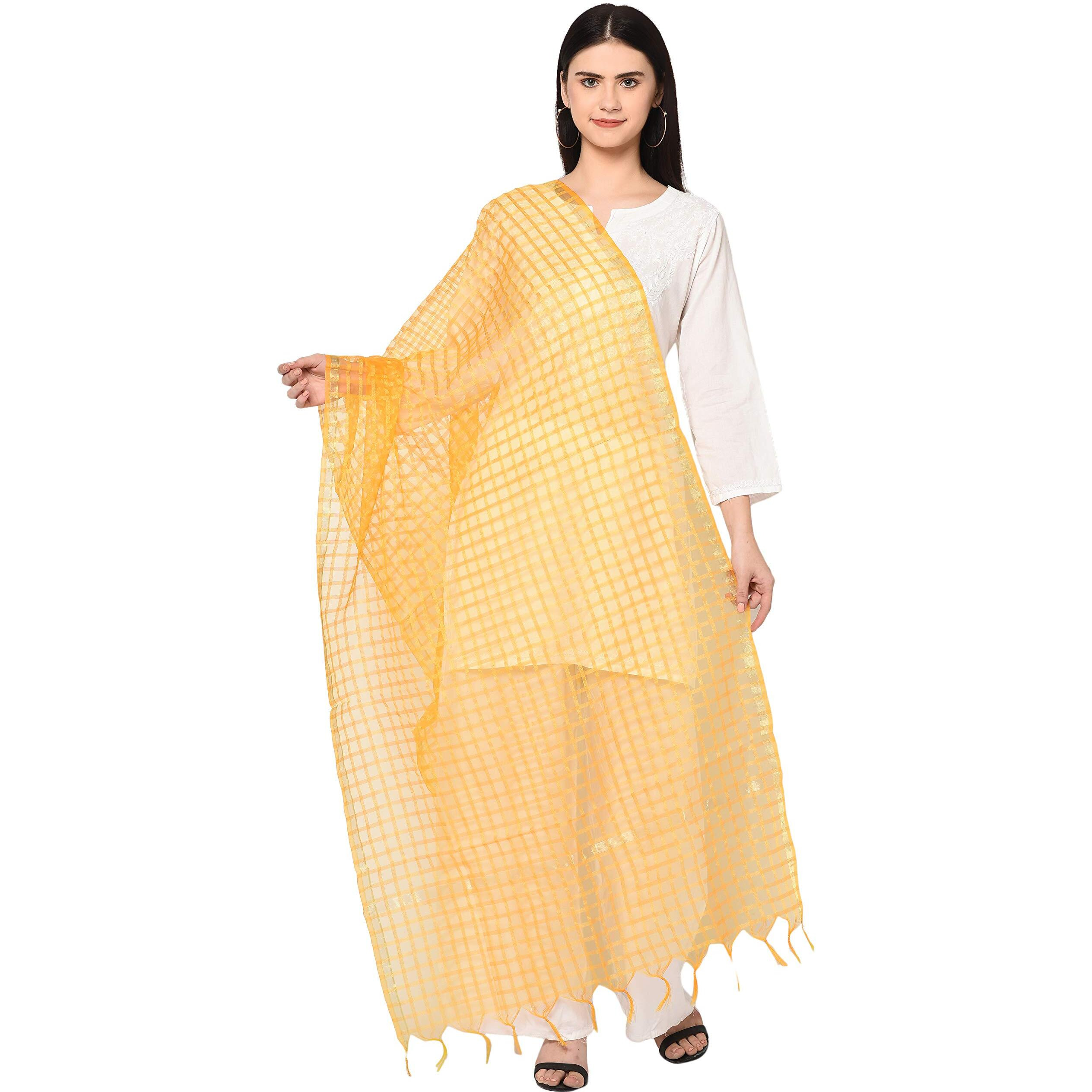 Weavers Villa Banarasi Poly Silk Checks Women's Dupatta (Yellow Checks, 2.25 Meters)