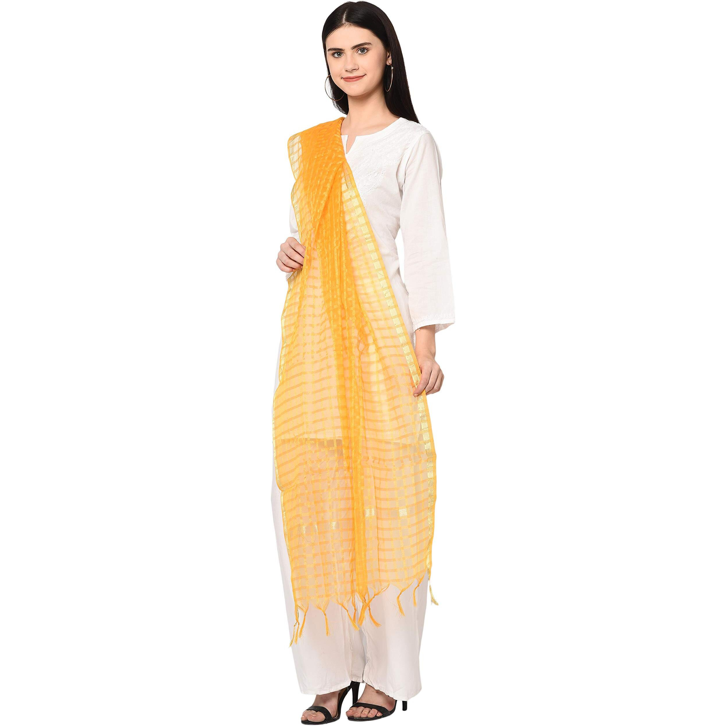 Weavers Villa Banarasi Poly Silk Checks Women's Dupatta (Yellow Checks, 2.25 Meters)