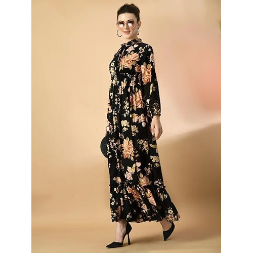 Kzully Women's Crepe A-Line Maxi Dress (8001-Gold-Flower-Black-Xl_Gold